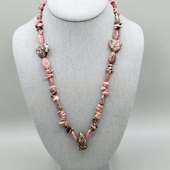 Hand Crafted Leopard Skin Jasper Pendant Necklace Rhodonite Chips Barrel Close - Picture 1 of 9